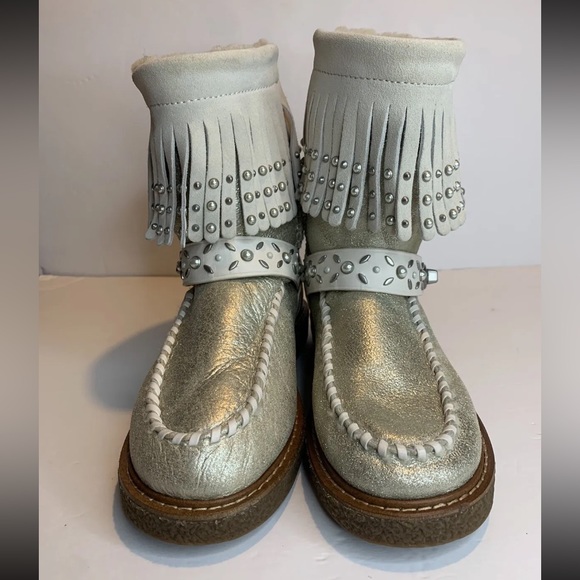 Coach Moccasin Fringe Natural Gold Leather Sheepskin Studded Moto Boots size 5 - Picture 6 of 13